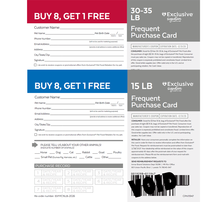 Infinia frequent purchase program cards